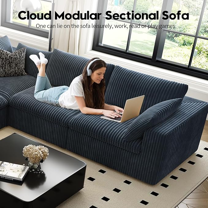 157.5" Cloud Couch Modular Sectional Sofa for Living Room,Modern Sofa with Deep Seat，L-Shape Boneless Couch with Ottoman,Comfy Upholstered Corduroy Couches for Apartment, Studio, Office,Bedroom，Blue