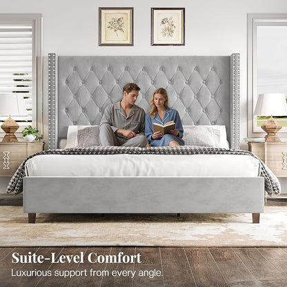 PaPaJet King Size Bed Frame with 61.4" Tall Headboard, Velvet Upholstered Platform and Handmade Deep Button Tufting, No Box Spring Required, Grey