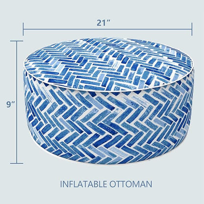 LVTXIII Indoor/Outdoor Inflatable Ottoman, All Weather Round Footrest Stool D21”x H9”, Portable for Patio Garden Camping or Home-Blue Bricks