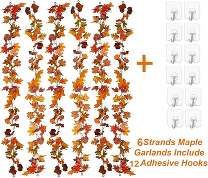 Lvydec 6 Pack Fall Maple Garland - 5.9ft/Strand Artificial Fall Foliage Garland Realistic Maple Leaves Autumn Decor for Home Wedding Halloween Thanksgiving Party