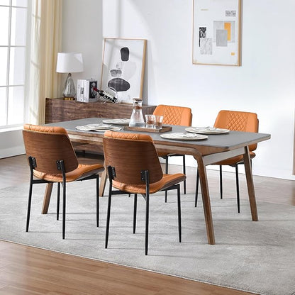 BV Dining Chairs Set of 2, PU Leather Armless Kitchen Chair in Modern Walnut Style, Mid Century Bentwood Side Chair with Metal Legs, Retro Accent Guest Chair for Kitchen Dining Room(Brown)