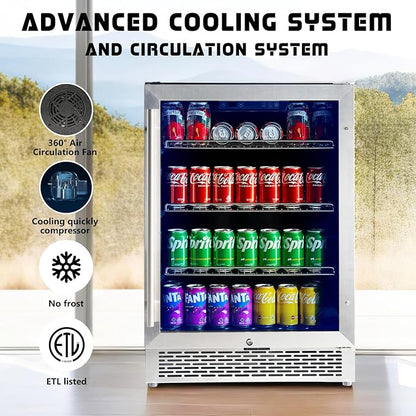 Albott Beverage Refrigerator-24 In fridge with Glass Door, Adjustable Shelves and LED Touch Panel, Under Counter Design for Wine Beer, Built-In or Freestanding Use, 34-64℉