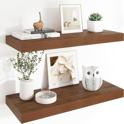 Heimlove 12" Deep Floating Shelves, 36 x 12 Inch Wall Mounted Long Floating Shelf with Invisible Brackets, for Home Decor, Bedroom, Kitchen, Living Room, Bathroom - 2 Pack, Walnut