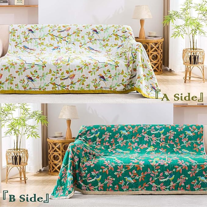 Boho Throw Blanket for Bed, 100% Cotton Soft Rustic Quilt Fall Blanket, 50"x60" Floral Printed Farmhouse Decor Bed Blankets, All Season Rustic Reversible Bohemian Throw Quilt