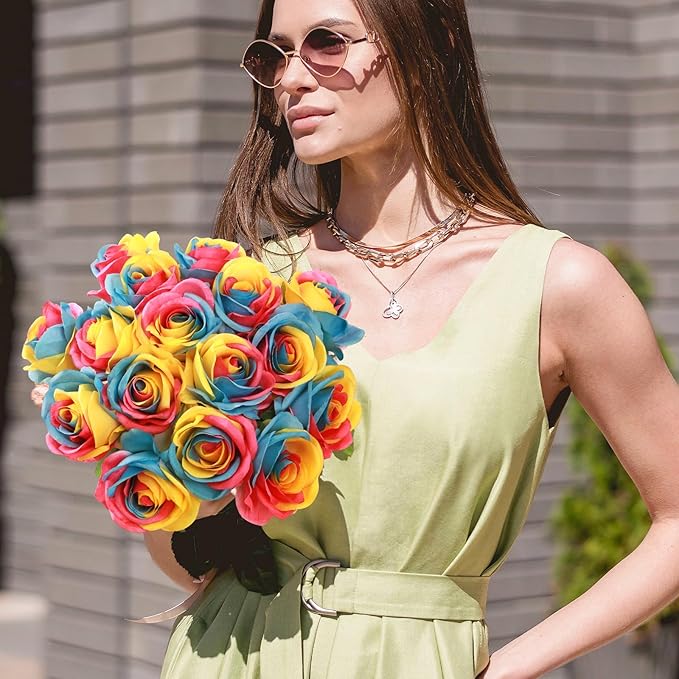 Rainbow Fake Roses Artificial Flowers - 10 Pcs Fake Artificial Roses Silk Flowers with Stems for Home Wedding Hotel Office Centerpiece Decor（Rainbow2）