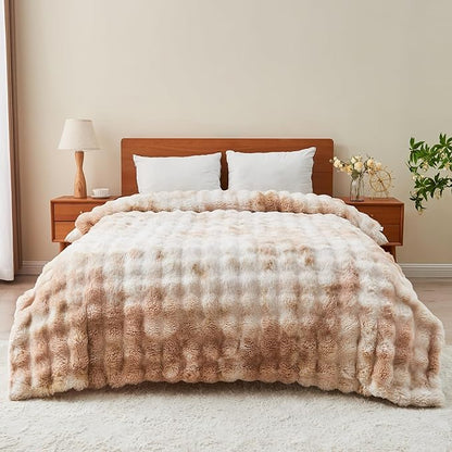 RYNGHIPY Faux Rabbit Fur Bed Throws Fluffy Warm Throw Blanket for Sofa Couch Soft Plush Decorative Blanket Thick and Heavy Cute Bubble Furry Blanket (Light Tan, 63''x79'')