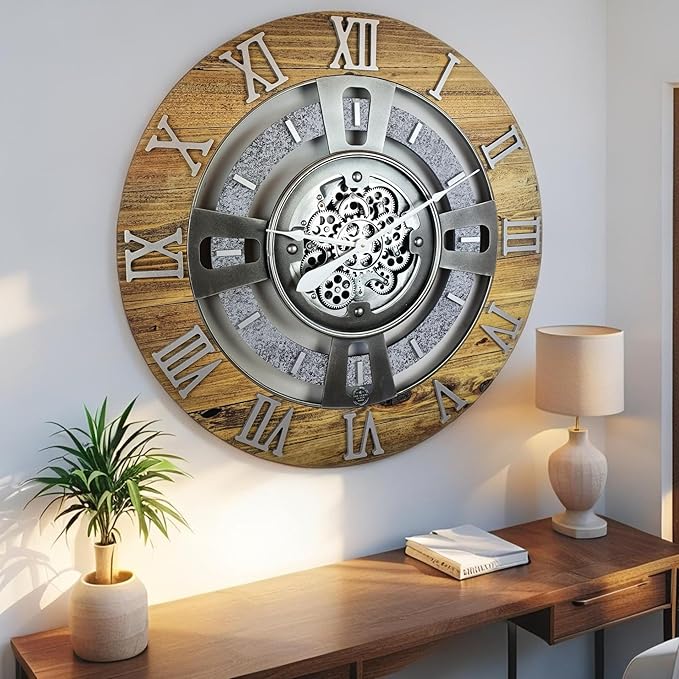 The Gears Clock Real Moving Gear Wall Clock England Line (Wood & Stone, 24 inches (60 cm))
