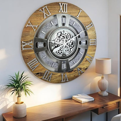 The Gears Clock Real Moving Gear Wall Clock England Line (Wood & Stone, 24 inches (60 cm))