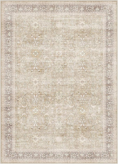 DCX Machine Washable Brown and Beige Area Rug 5x7, Non Slip Stain Resistant Vintage Rug for Living Room Diningroom Bedroom Nursery, Soft Low Pile Large Carpet
