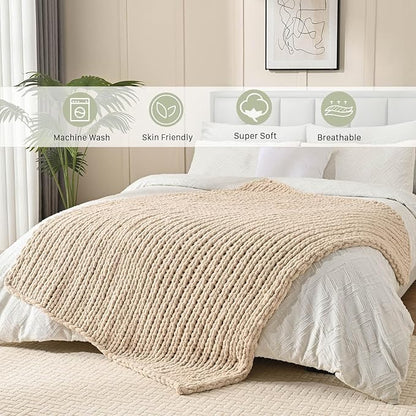 Esterra Chunky Knit Blanket Throw 50"x60", 100% Hand Knitted Chenille Throw Blanket, Cozy Soft Thick Cable Knit Throw Large Rope Knot Crochet Throw Blanket for Sofa Couch Bed, Sandshell/Oatmeal