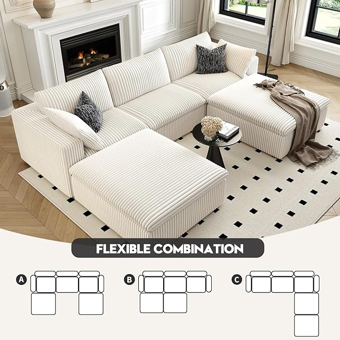 118" Cloud Couch Modular Sectional Sofa for Living Room,Modern Sofa with Deep Seat，U-Shape Boneless Couch with 2 Ottoman,Comfy Upholstered Corduroy Couches for Apartment, Studio, Office,Bedroom，White
