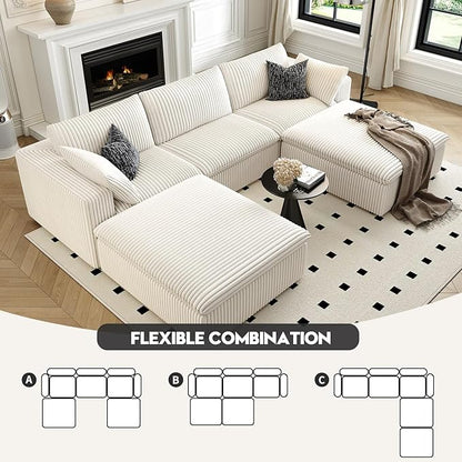 118" Cloud Couch Modular Sectional Sofa for Living Room,Modern Sofa with Deep Seat，U-Shape Boneless Couch with 2 Ottoman,Comfy Upholstered Corduroy Couches for Apartment, Studio, Office,Bedroom，White