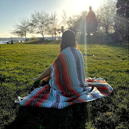Traditional Handwoven Mexican Blanket, Large Falsa Serape - Soft & Durable - Vibrant Beach, Picnic, Yoga & Camping Mat - Lightweight Boho Throw 70"x50" (Sunset)