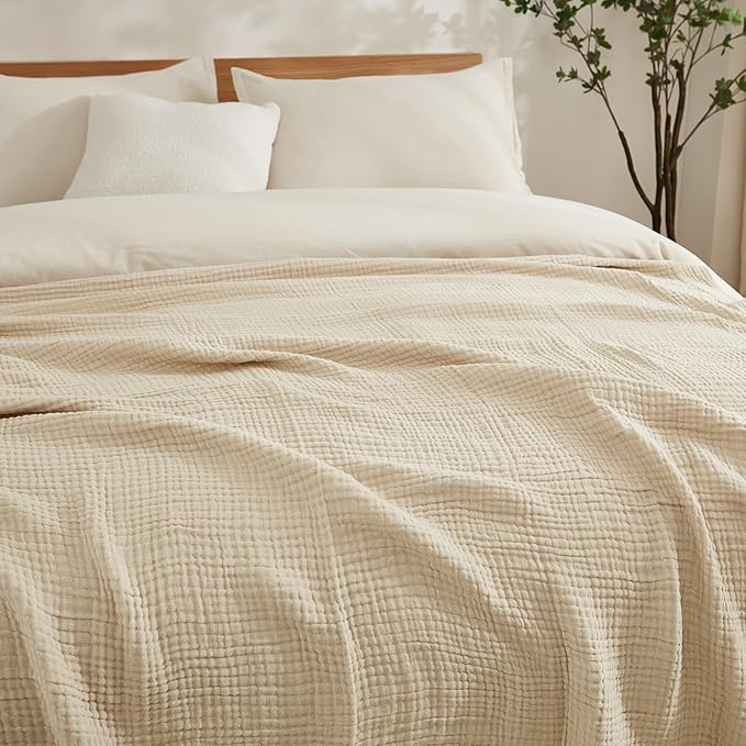 EMME Cotton Bed Blanket Twin Size Soft Muslin Boho Bedding Lightweight Breathable Twin Blanket All Season Gauze, Light Tan