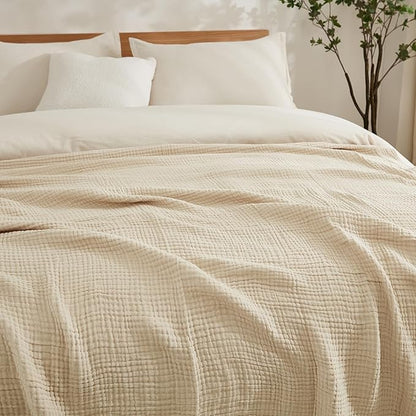 EMME Cotton Bed Blanket Twin Size Soft Muslin Boho Bedding Lightweight Breathable Twin Blanket All Season Gauze, Light Tan
