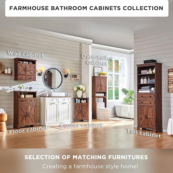 72" Tall Bathroom Storage Cabinet, Farmhouse Storage Cabinet with Adjustable Shelves, Barn Door & 2 Drawers, Cabinet for Bathroom, Living Room & Kitchen, Brown