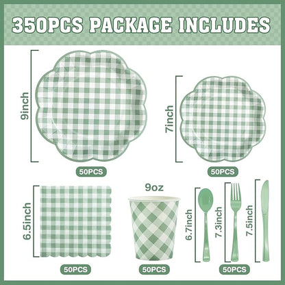 350 Pcs Sage Green Gingham Paper Plates and Napkins Party Supplies - Sage Green and White Checkered Plates Scalloped Plaid Plate for Birthday Dinner Picnic BBQ Party Decorations, Serve 50 Guests