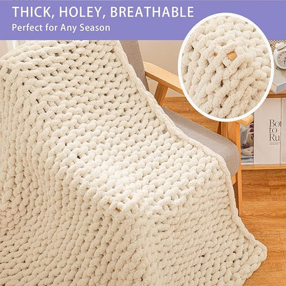 Bigacogo Chunky Knit Throw Blanket for Couch, 60x80 inches, 100% Hand Knitted with Thick Jumbo Chenille Yarn, Cozy Soft Large Rope Knot Cable Crochet Blankets for Sofa Bed Living Room, Beige