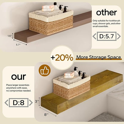 Floating Shelves 3 inch Thick for Wall Set of 2,Solid Pine Wood Wall Mount Shelf for Kitchen Living Room Bedroom Bathroom,8" D x 24" L x 3" H-Gold Oak