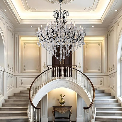 Large Black Crystal Chandelier Light Fixtures, 24 Lights Modern Crystal Chandeliers for Hotel, Lobby, Foyer, Entryway Hall, Staircase High Ceiling 50'' Chandelier 2 Layers
