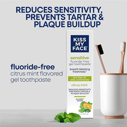 Kiss My Face Sensitive Toothpaste Gel, Citrus Mint Gel, Protection for Sensitive Teeth and Gums, with Tea Tree Oil, Aloe and Iceland Moss, Fluoride Free, Vegan, 4.5 oz, 6 Pack
