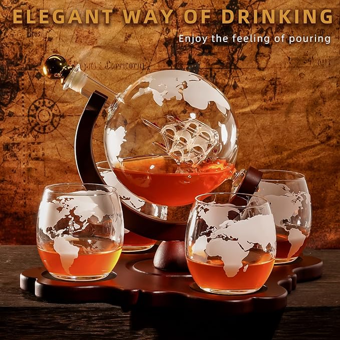 Gifts for Men Dad Husband Christmas, Whiskey Globr Decanter Set with 4 Etched Globe Glasses, Unique Anniversary Birthday Gifts for Brother Boyfriend, Cool Stocking Stuffers Bourbon Whikey Gifts