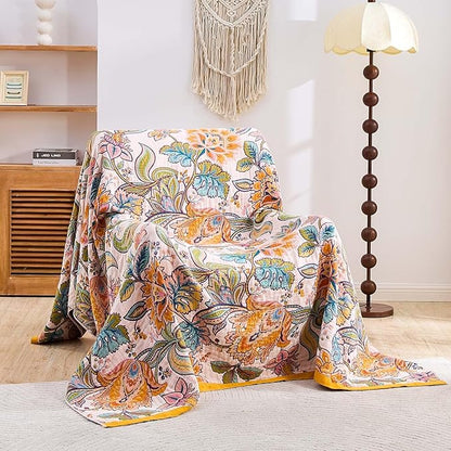 Boho Throw Blanket for Bed, 100% Cotton Soft Rustic Quilt Fall Blanket, 60"x80" Floral Printed Farmhouse Decor Bed Blankets, All Season Rustic Reversible Bohemian Throw Quilt