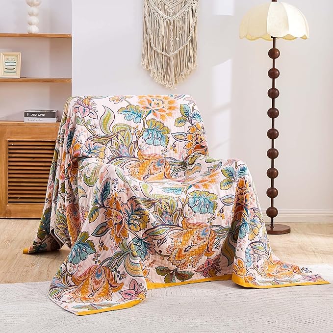 Boho Throw Blanket for Bed, 100% Cotton Soft Rustic Quilt Fall Blanket, 90"x98" Floral Printed Farmhouse Decor Bed Blankets, All Season Rustic Reversible Bohemian Throw Quilt