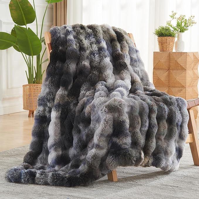 NEWCOSPLAY Faux Fur Twin Blanket Tie-dye Grey Luxury Fluffy Thick Warm Bubble Blanket for Couch Sofa Bed 700GSM (Tie-dye Grey, Twin(60"x80"))