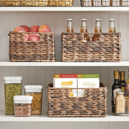 mDesign Woven Farmhouse Kitchen Pantry Food Storage Organizer Basket Bin Box - Container Organization for Cabinets, Cupboards, Shelves, Countertops - Store Potatoes, Onions, Fruit, 3 Pack, Brown Ombre