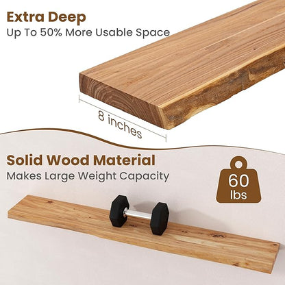 Floating Shelves for Wall Decor, Rustic Solid Elm Wood Live Edge Floating Shelves Wall Mounted, Wall Shelves with Invisible Bracket for Living Room Bathroom Bedroom Kitchen, 48 Inch, Natural