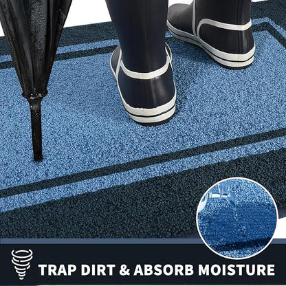 PURRUGS Dirt Trapping Door Mat 20" x 32", Non-Slip/Skid Machine Washable Entryway Rug, Shoes Scraper, Area Rug, Super Absorbent Welcome Mat for Muddy Wet Shoes and Paws, Light Blue & Navy