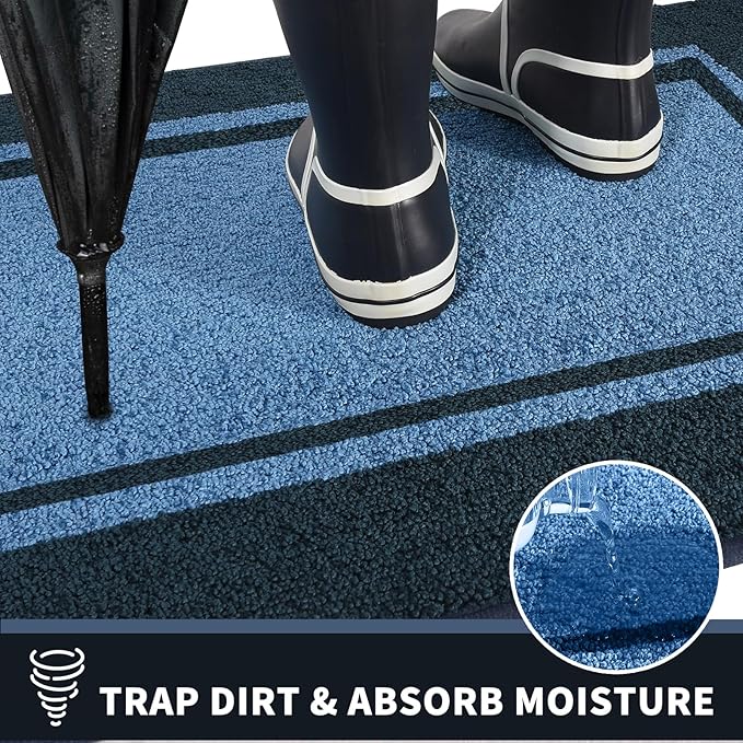 PURRUGS Dirt Trapping Door Mat 24" x 70", Non-Slip/Skid Machine Washable Entryway Rug, Shoes Scraper, Area Rug, Super Absorbent Welcome Mat for Muddy Wet Shoes and Paws, Light Blue & Navy