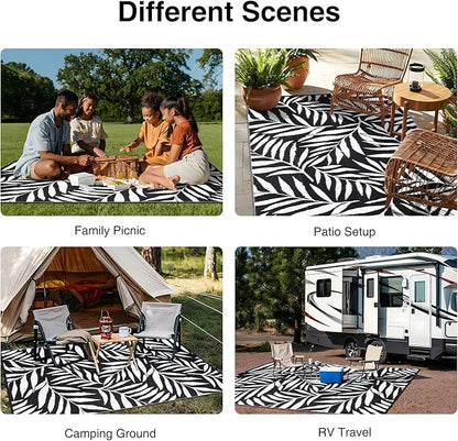 OLANLY Waterproof Outdoor Rug 6x9 ft, Reversible Outdoor Plastic Straw Rug with Leaf Pattern, RV Mat, Indoor Outdoor Carpet for Patio, Camping, Balcony, Deck, Backyard, Black & White