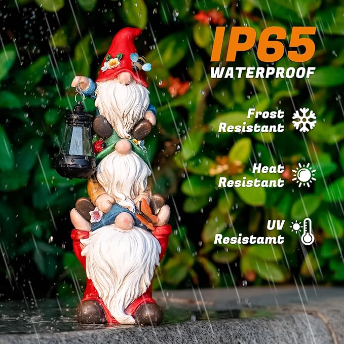 Garden Gnome Statue with Solar Lights Garden Sculptures Funny Triple Gnome Outdoor Patio Lawn Yard Balcony Garden Home Decor Birthday Gifts for Women Mom Grandma 12 in Fall Gnome