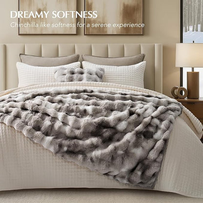 EVERGRACE Ultra Soft Luxury Fluffy Ridgeline Faux Rabbit Fur Throw Blanket, Thick Warm Bubble Throw for Bed, Cozy Plush Reversible Blankets for Couch, Chair, Sofa, Light Grey, 60x80 Inches, 870 GSM