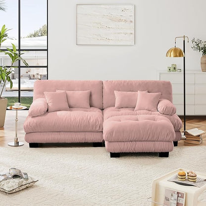 Loveseat Modular Sectional Sofa, L Shaped Couch with Ottoman, Cloud Couch Sectional Couch Home Sofa Living Room Oversized Couch Deep Seat Couch with Round Bolster Armrests 4 Pillows(Pink)