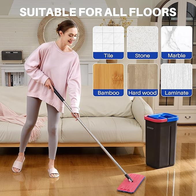 JOYMOOP Mop and Bucket Set for Home, Hands-Free Self-Cleaning System, with 3 Reusable Microfiber Mop Pads, Suitable for Floor Cleaning and Wall Cleaner - Black+Red+Slate Blue