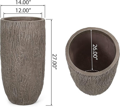Christopher Knight Home Jorine Lightweight Concrete Planter, Cast Stone Plant Pot, Large Garden Urn, Patio Texture Finish Flower Pot for Balcony Backyard Poolside, No Assembly Needed, 27" H Brown