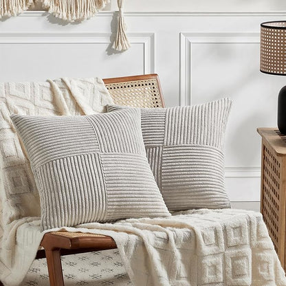 Fancy Homi 2 Packs Neutral Grey Big Decorative Throw Pillow Covers 24x24 Inch for Living Room Couch Bed, Rustic Farmhouse Boho Home Decor, Soft Corss Corduroy Patchwork Accent Square Cushion Case 60cm