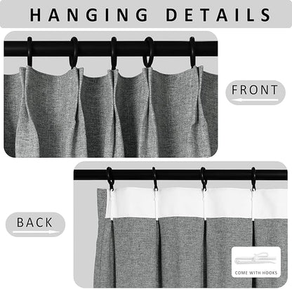 Macochico 52”Wx96”L 100% Blackout Curtains for Bedroom Living Room Nursery Mid Grey Pinch Pleated Linen Curtains Farmhouse Burlap Drapes Thermal Window Panels with Hooks and Tieback 1 Panel