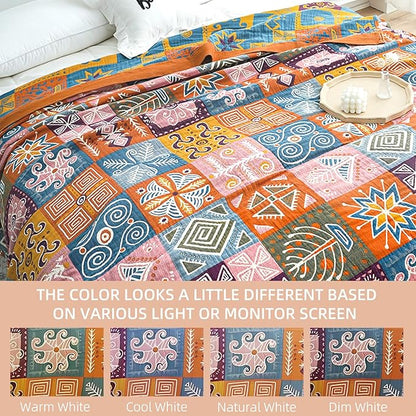 Boho Throw Blanket for Bed - 100% Pure Cotton Ultra Soft Rustic Quilt - Farmhouse Decor Bed Blankets, All Season Rustic Throw for Sofa Couch Chair(91''x 98'', Art Squares)