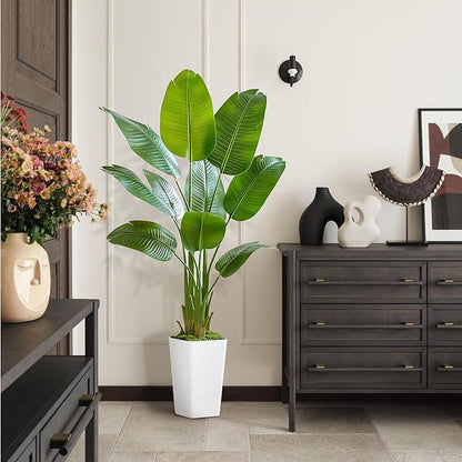 Lifelike Bird of Paradise Silk Artificial Plant Faux Banana Leaf Tree for Home Decor - Perfect Indoor Floor Plant with 9 Trunks (1, White Tall Planter, 5 FT)