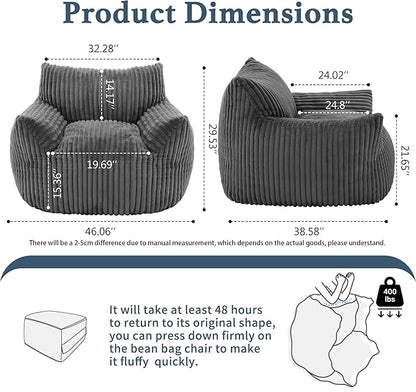 Giant Plush Bean Bag Chair for Adults with Armrests - Oversized Comfy Grey Beanbag Lounge Lazy Floor Sofa Accent Chair for Living Room, Bedroom & Dorm, Cozy Fluffy Single Cloud Mini Couch
