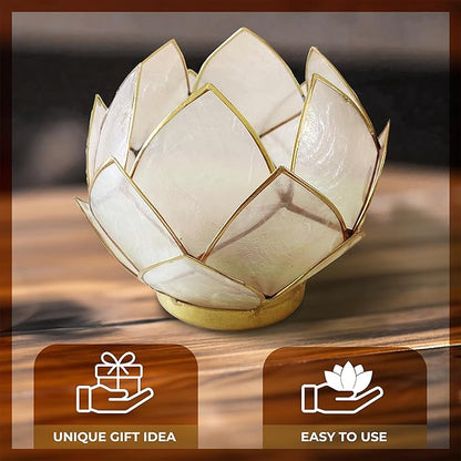 Blooming Lotus Capiz Shell Tealight Candle Holder, Handcrafted Decorative Tea Light Candleholder with Translucent Flower Petals for Ambient Illumination and Natural Elegance, Natural
