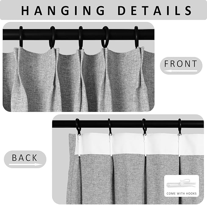 Macochico Extra Wide 100% Blackout Linen Curtains for Sliding Door Pleated Curtains with Hooks Insulated Soft Linen Drapes for Bedroom Living Room with Tieback Light Grey 100”Wx84”L 1 Panel
