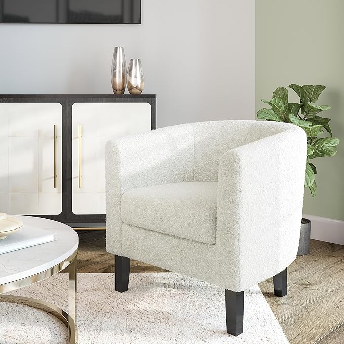 BELLEZE Accent Barrel Chair Set of 2, Linen Round Chair Club Tub Sofa Corner Chair with Flared Legs and Cozy Soft Padding for Living Room Bedroom Waiting Room - Teddy White