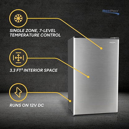 RecPro 3.3 Cu Ft 12V RV Refrigerator | Stainless Steel Frost-Free Fridge with Can Holder | Compact Camper Fridge with Door Storage, 7 Temp Settings | 19”W x 19”D x 32.75”H