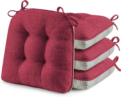 puredown® Chair Cushions for Dining Chairs, Tufted Memory Foam Chair Pads with Non-Slip Backing, Kitchen Seat Cushions with Ties, Washable Pads Set of 4, 15.5" x 15.5" x 4", Wine