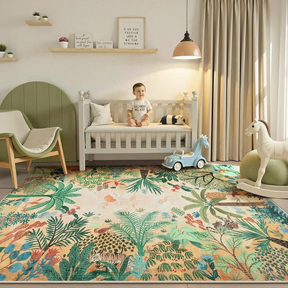 LIVEBOX Boho 8x10 Area Rugs for Living Room, Washable Soft Jungle Animal Print Rug for Bedroom, Farmhouse Non Slip Rug Floor Carpet, Forest Dining Room Rugs for Under Table